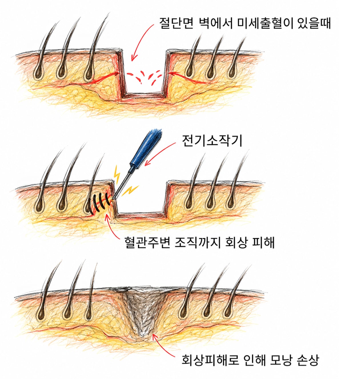 전기 소작이 혈관 주변 조직과 모낭에 화상 피해를 주는 과정을 그린 단면도