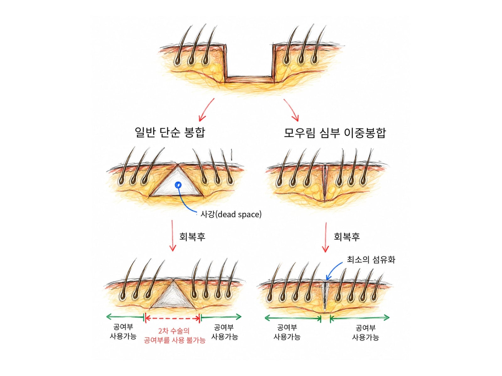 일반 단순 봉합과 모우림 심부 이중 봉합의 회복 후 공여부를 비교한 수술 설명 그림