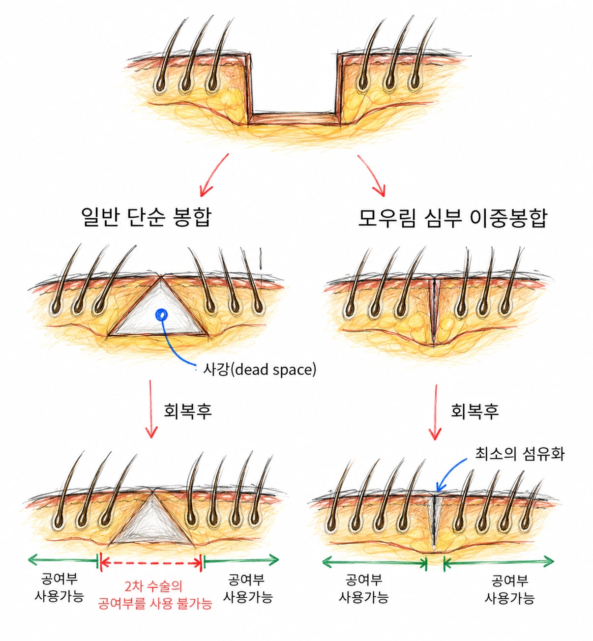 일반 단순 봉합은 사강이 남아 2차 수술 공여부로 쓸 수 없고, 심부 이중 봉합은 상처 근처까지 공여부로 쓸 수 있음을 비교한 단면도