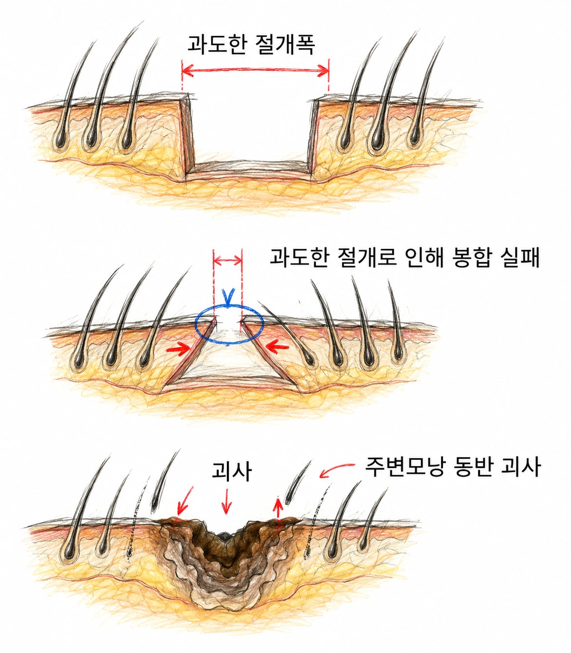 절개 폭이 과도하면 봉합이 벌어지고 주변 모낭까지 괴사하는 과정을 그린 단면도