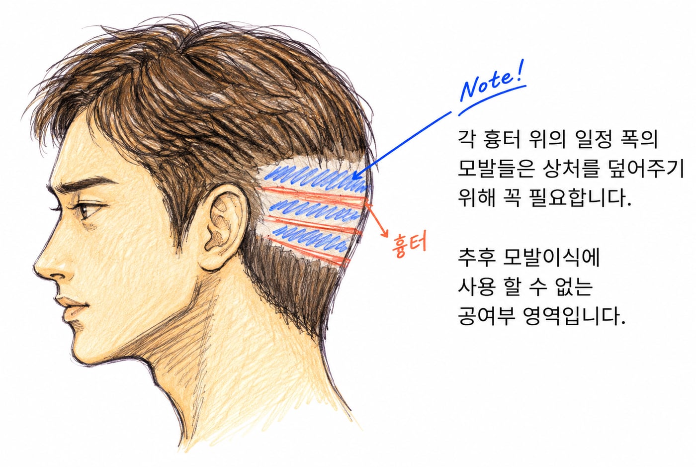 여러 줄의 흉터 사이 모발이 흉터를 덮느라 쓰이지 못하는 공여부 영역을 표시한 그림