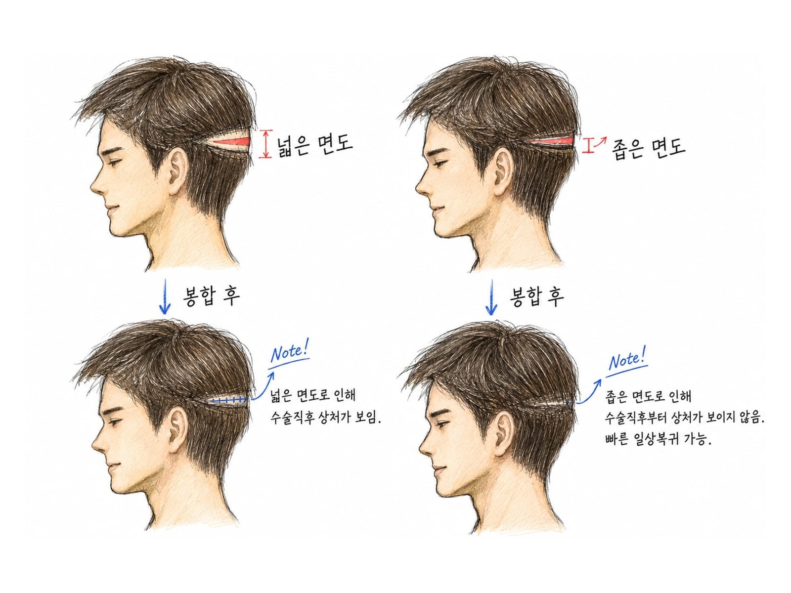 넓은 면도와 좁은 면도의 봉합 직후 모습을 비교한 모우림의원 수술 설명 그림
