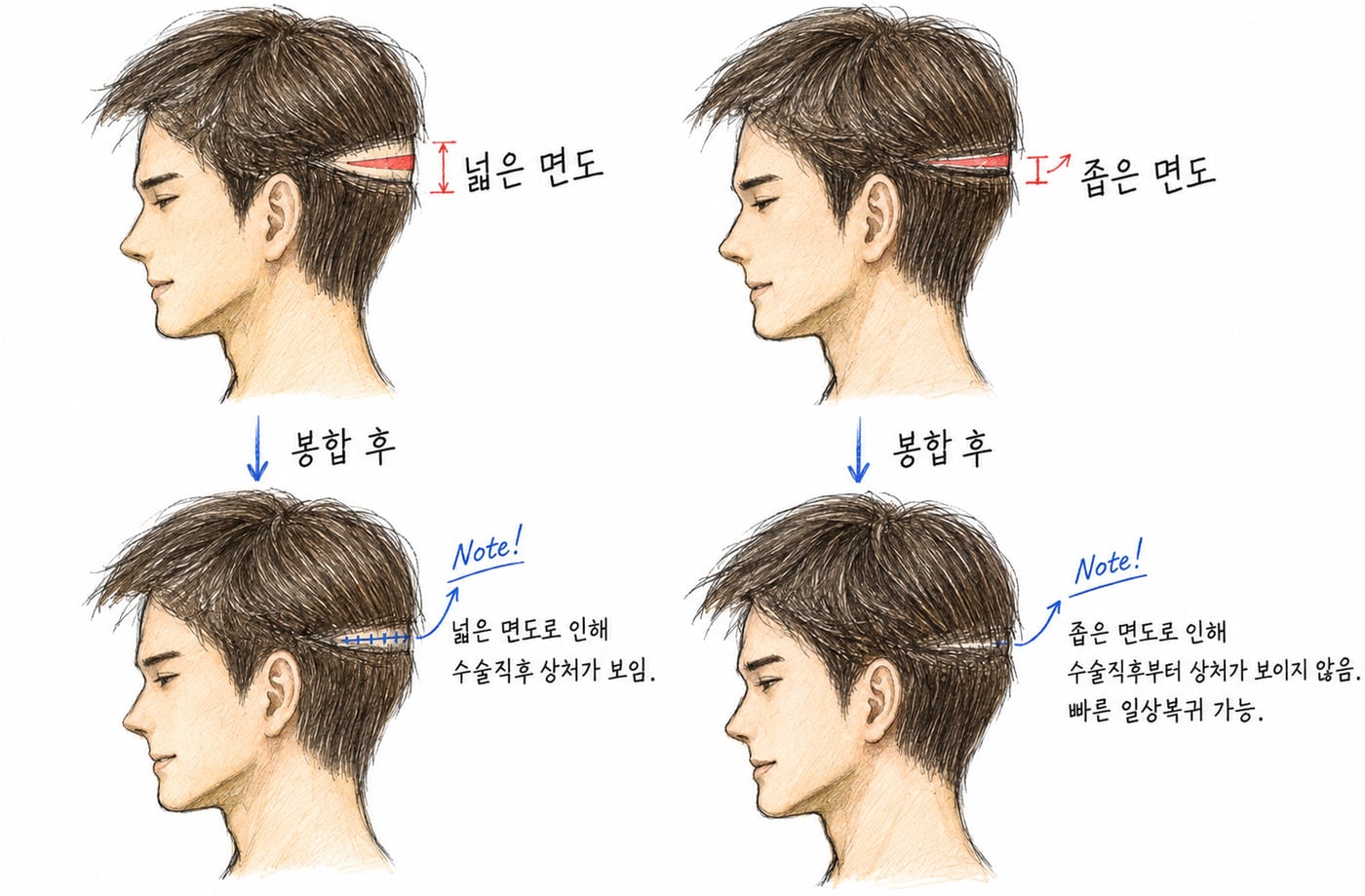 넓게 면도한 경우와 좁게 면도한 경우의 봉합 직후 모습을 비교한 그림